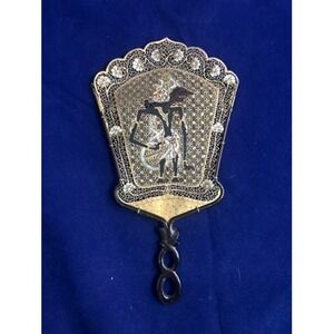 Vintage 1950s Filigree Hand Fan Asian Figural Decor Gold Black Wall Piece